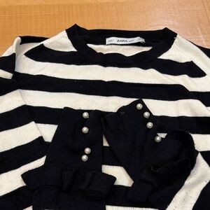 Zara Striped Black and Cream Sweater with Pearl Accents